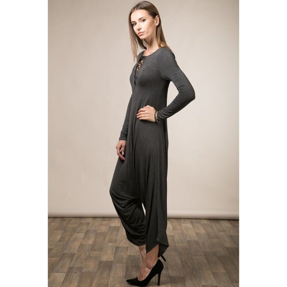 Boutique Pants - Women's Casual Long Sleeve Lace Up Detail Jumpsuit Wide Leg Super Cute Comfy